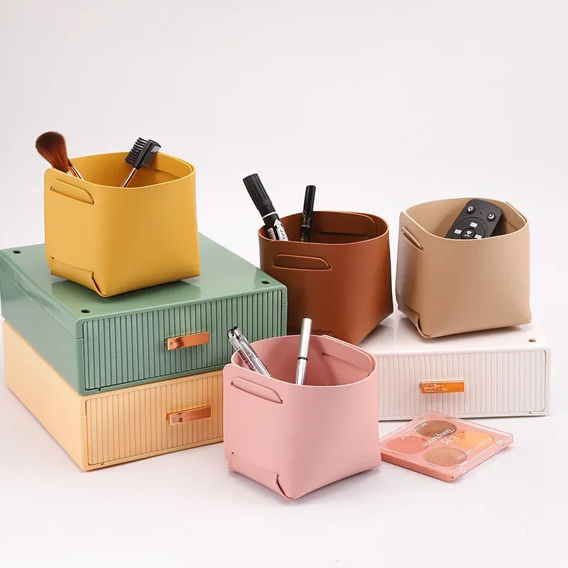 Desktop Finishing PU Leather Storage Box Household Foldable Cosmetic Storage Basket with Handle Sundry Key Coin Decorative Plate