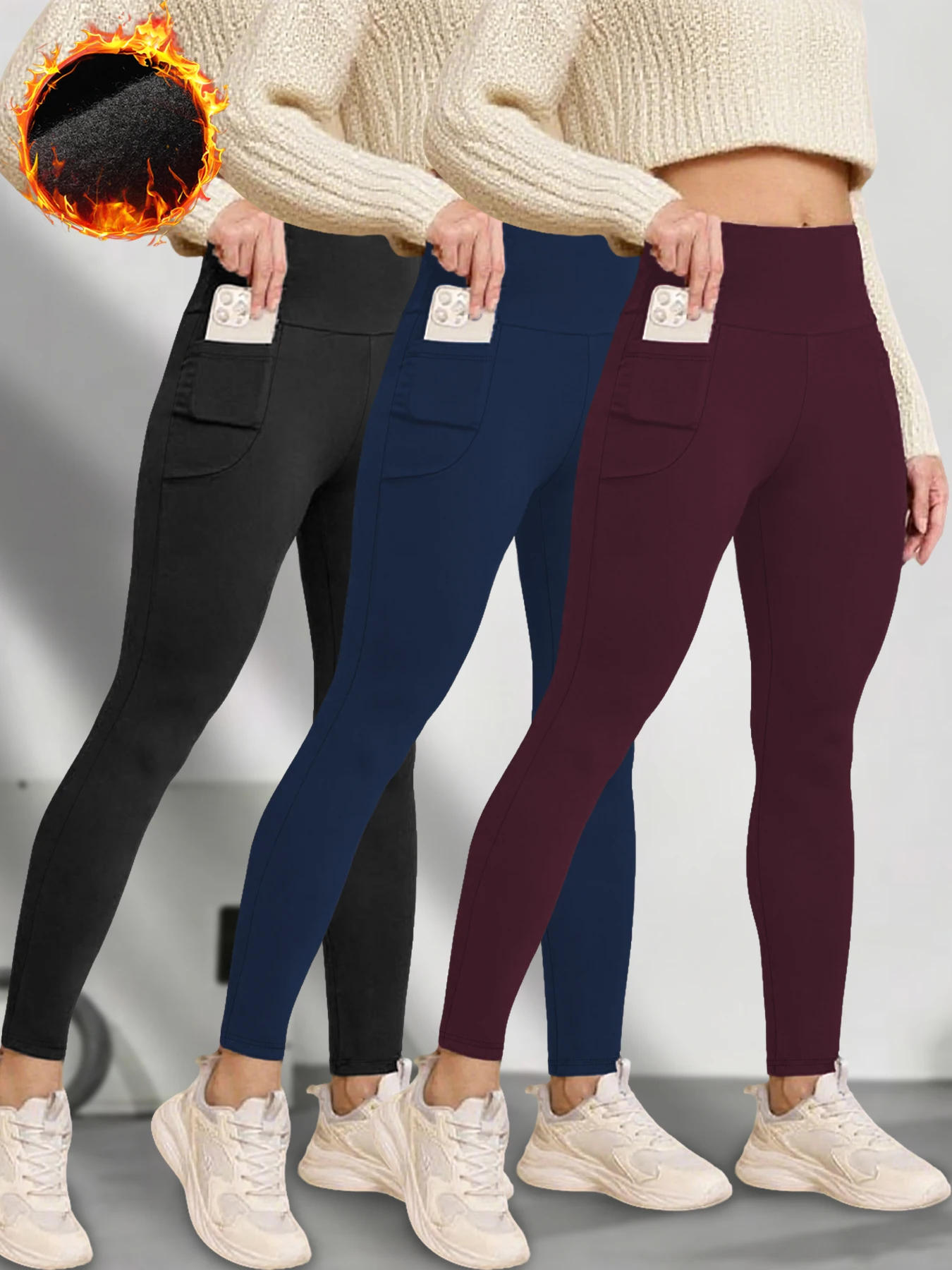 3 عبوات من سراويل الشتاء الحرارية النسائية مع جيوب عالية الخصر مبطنة بالصوف للتحكم في البطن لباس ضيق دافئ للتمرين والجري