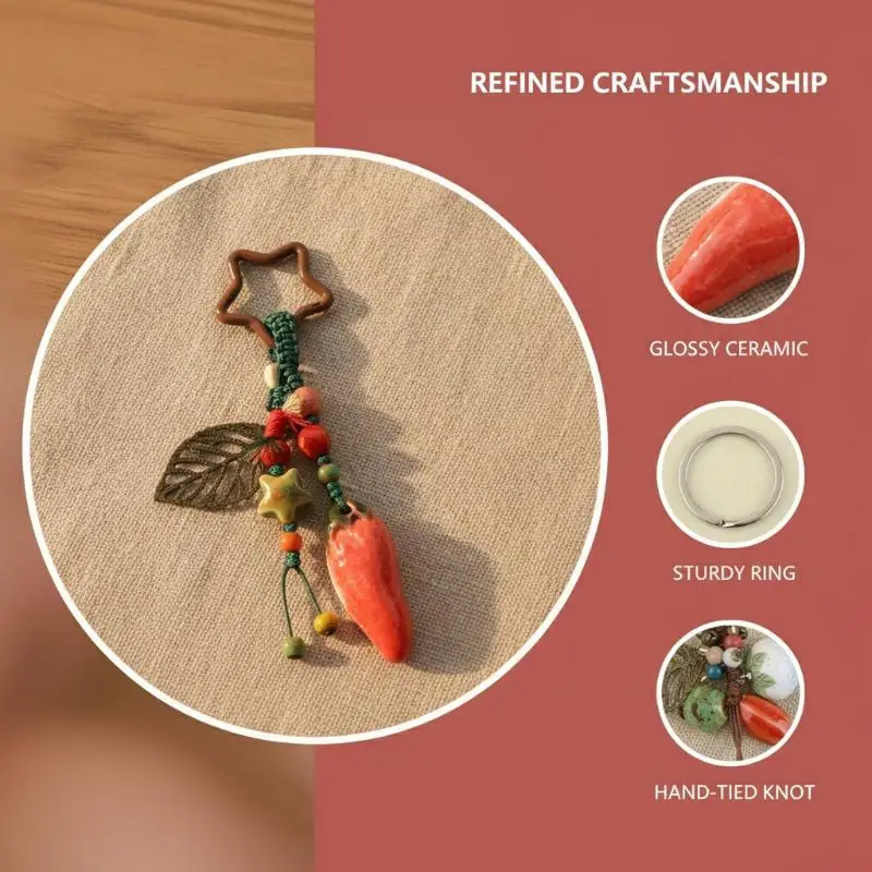 Handgefertigter Keramik-Erdbeer-Pfeffer-Schlüsselanhänger, Boho Perlen-Gewebter Schlüsselring, Niedlicher Taschenanhänger für Frauen und Mädchen, Geschenk, Tägliche Dekoration – Detail 14