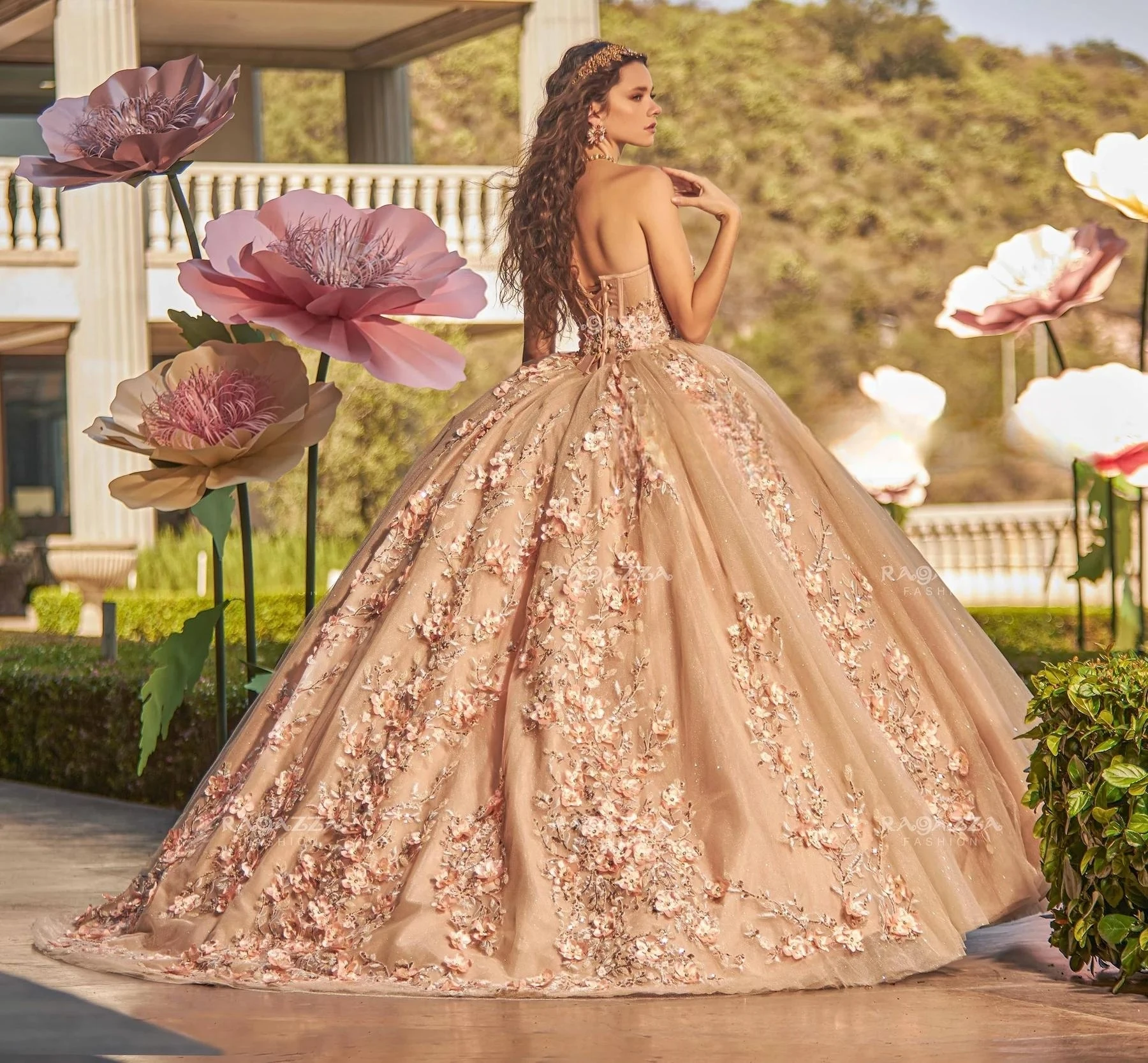 Vestidos de Quinceañera de princesa champán, vestido de baile, Media manga, Floral, cuentas, dulces 16, 15 Años, mexicano