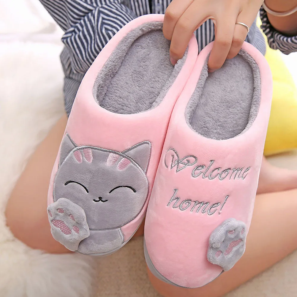 

Couple Winter Home Slippers Cute Cartoon Cat Slippers Anti Slip Soft Warm Plush Indoor House Slides Hot Sale Bedroom Floor Shoes