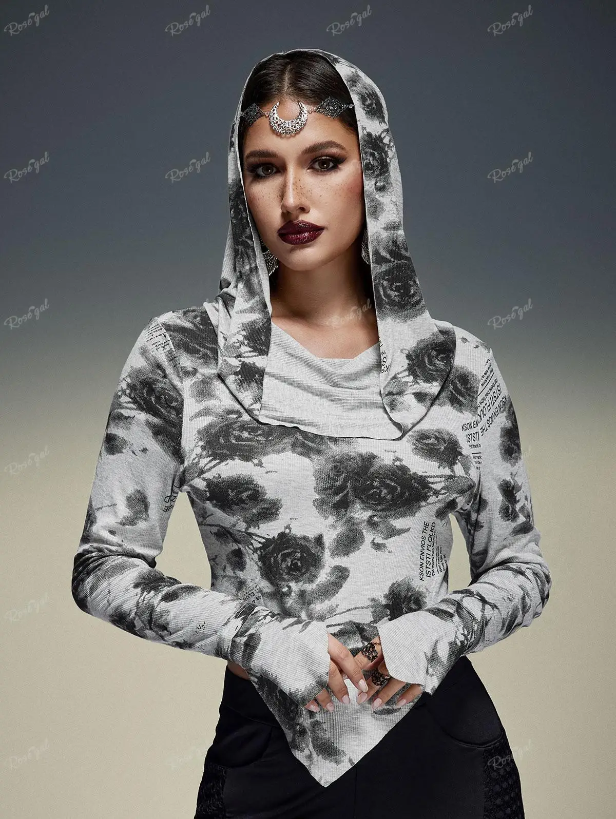 ROSEGAL Plus Size Gothic T-shirt Women's Spring Fall Floral Printed Asymmetric Hooded Long Sleeves Tops Gray High Stretch Hoodie