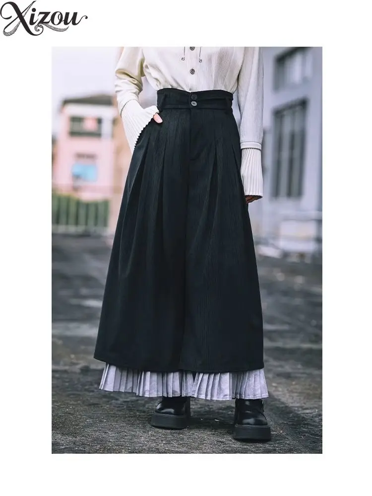 Unisex Chinese Style Double Layer Pleated Wide Leg Skort High Waist Black Loose Trousers Spring Autumn Oriental Street Pants