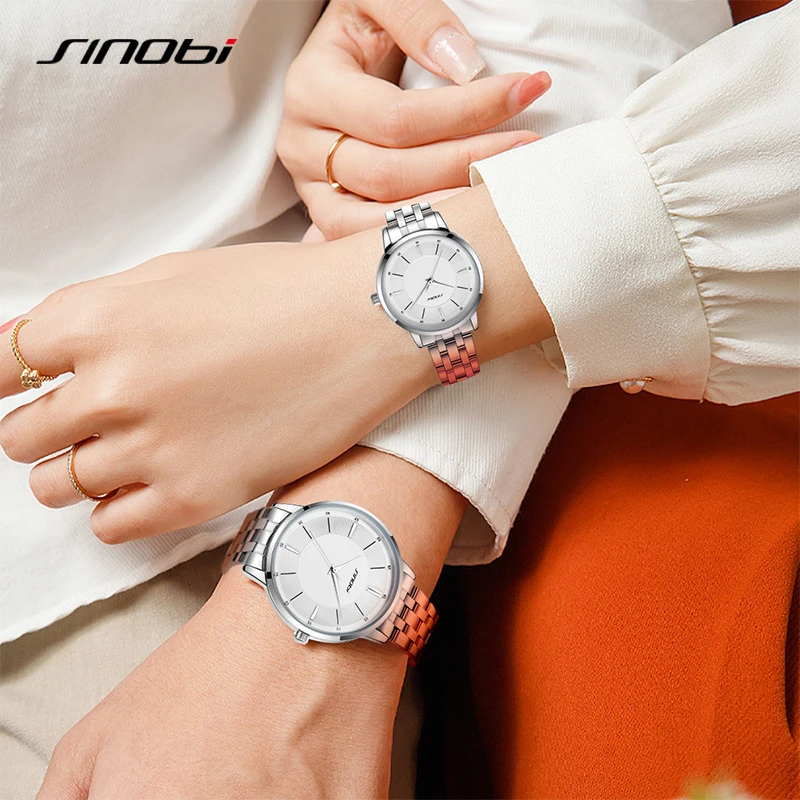 SINOBI Luxury Brand Couple Watches Waterproof Luminous Stainless Steel Quartz Watch His and Hers Moon Phase Fashion Lovers Set