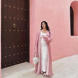 Green Apricot Pink Open Shiny Abaya Muslim Woman Dubai Summer Kaftan Vacation Outfits 2024 Long Sleeve Dress Mesh Free Shipping