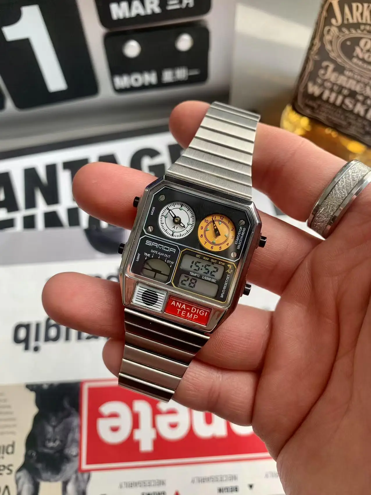 Retro Square Watches Men's Multifunctional Outdoor Sports Ultra-thin Steel Waterproof Alarm Clock Dual Display Electronic Watch