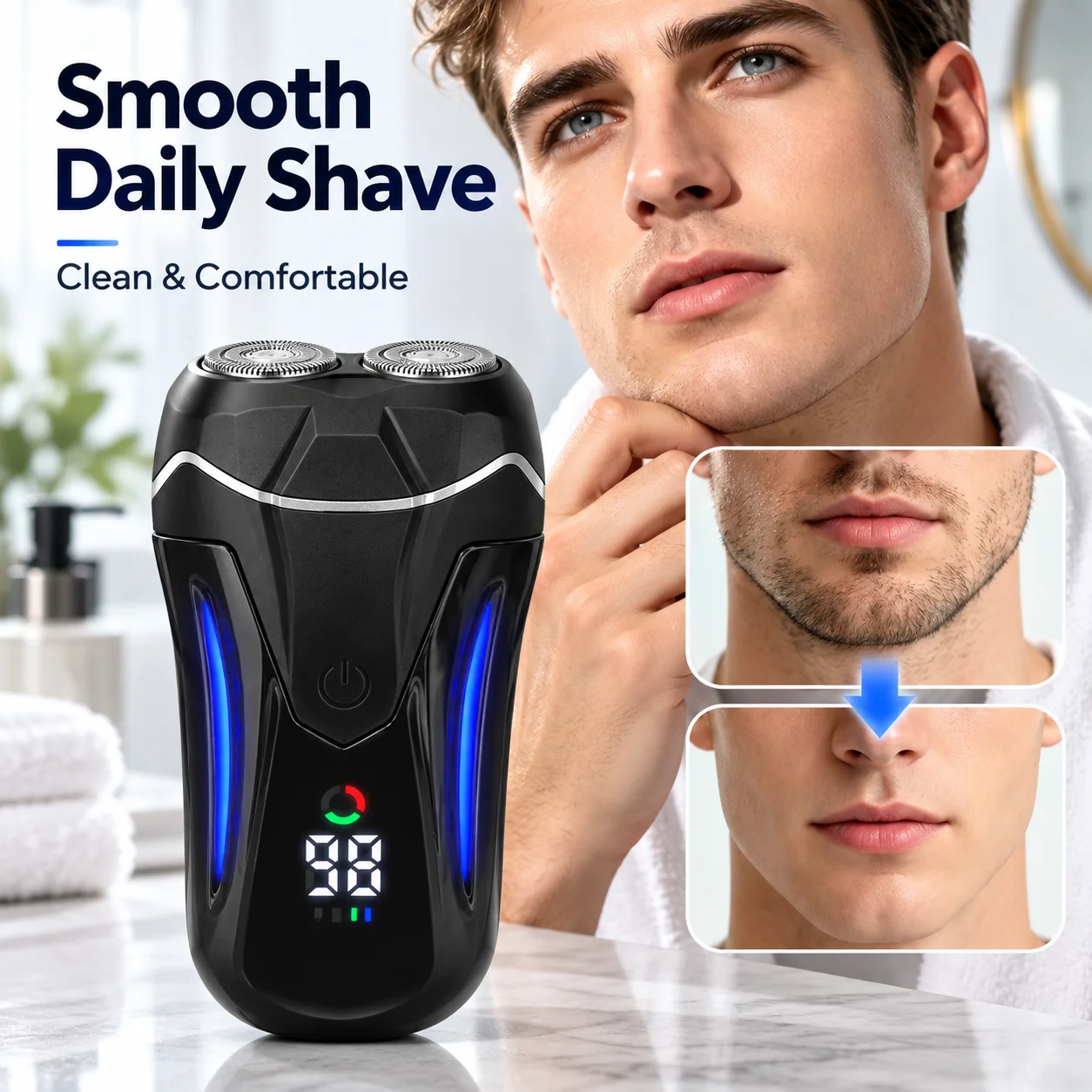 Men's Electric Rotary Shaver, Dual-Blade Rechargeable Electric Razor, Men's Electric Shaver, Dual-Blade Rechargeable Electric Razor with Digital Display, Portable Men's Facial Hair Trimmer, Suitable for Daily Grooming