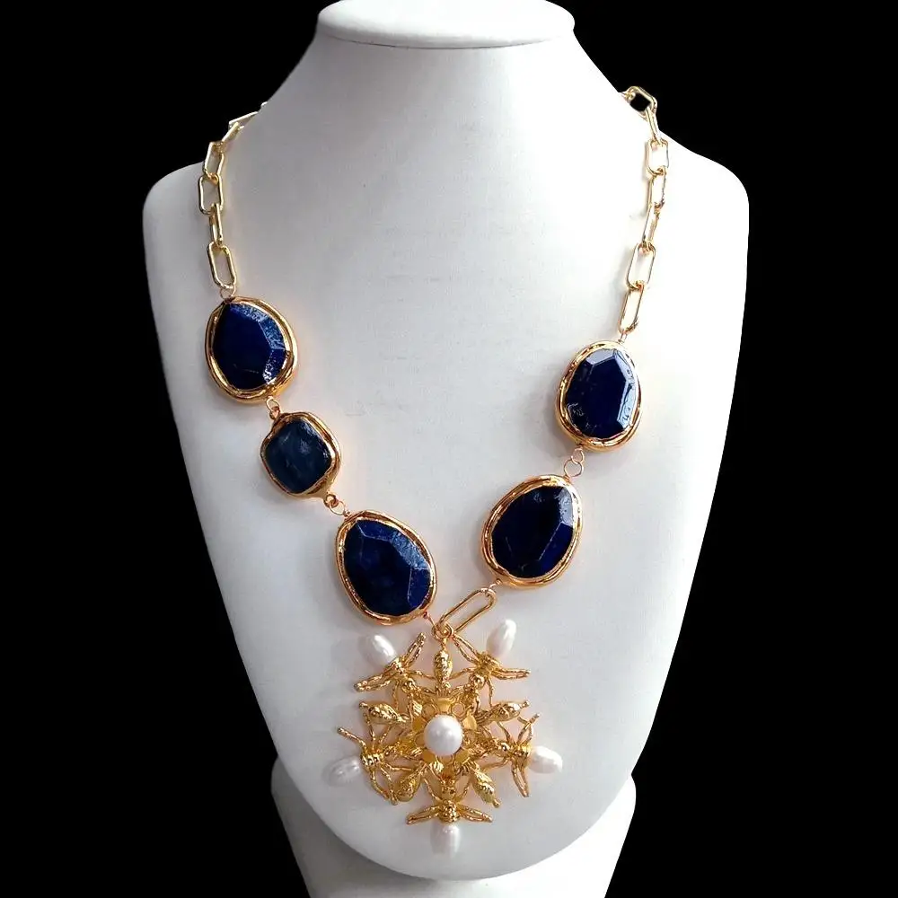 Y·YING natural Blue Lapis Kyanite Gold color Plated Edge Chain Necklace White Pearl animal charm Pendant 21