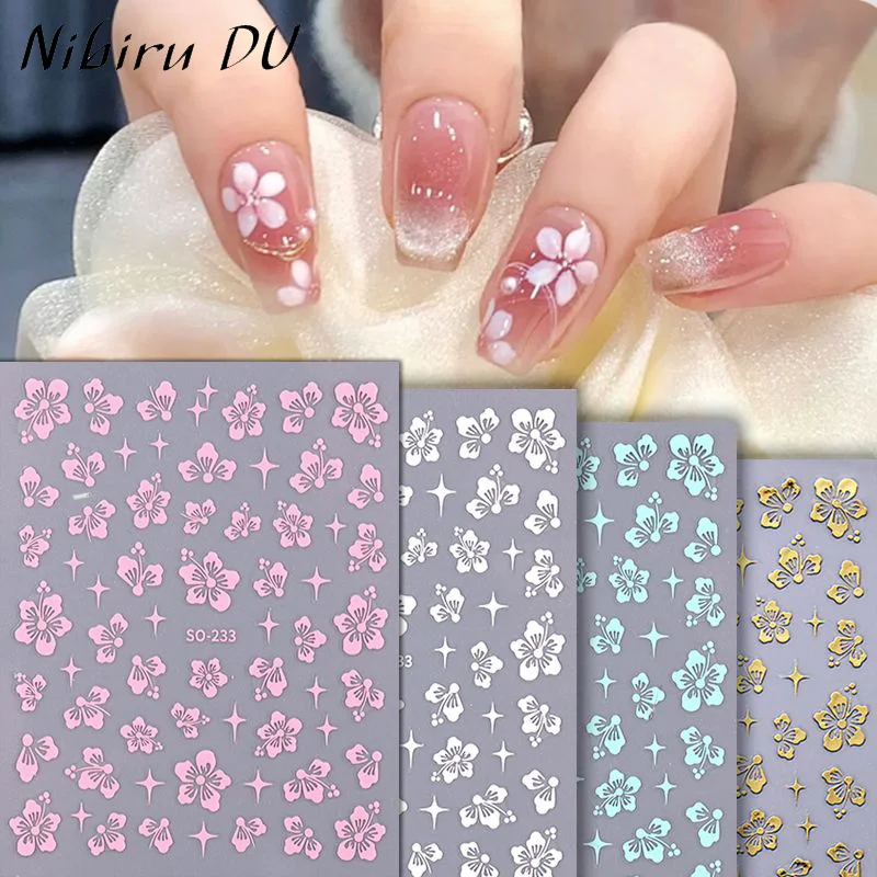 6/4/2/1pcs Hibiscus Flower Nail Stickers Summer Decor Pink White Flowers Hibiscus Floret Nail Decal DIY 8*10cm Hibiscus Slider