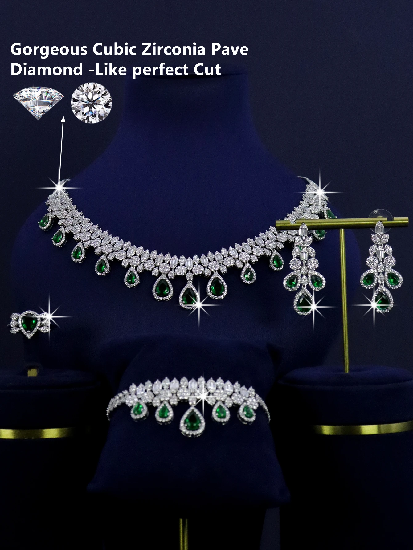 4 necklaces, earrings, bracelets, rings, platinum plated bridal wedding jewelry set, copper inlaid green zirconia wedding gift