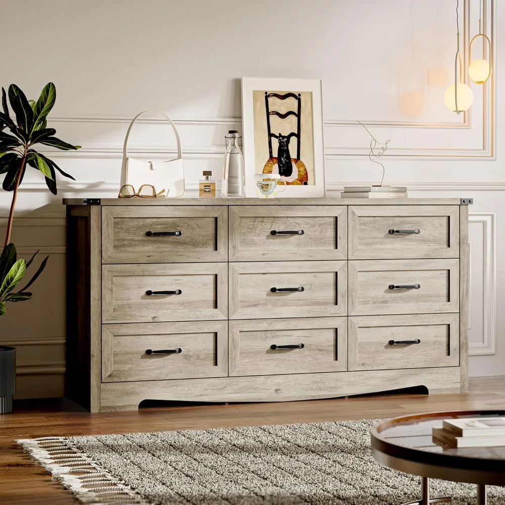 

9 Drawer Wooden Dresser with Metal Handles Anti Tipping Stable Storage for Bedroom Living Room Entryway