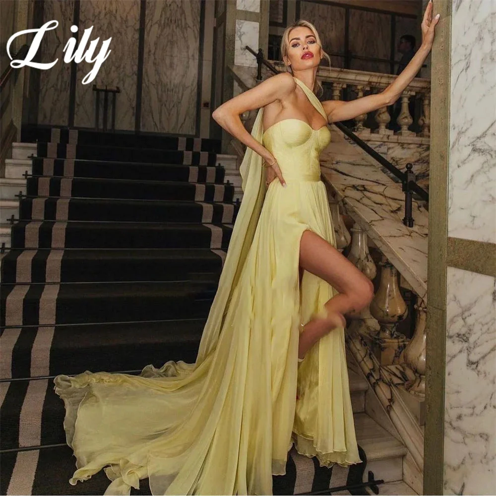 Lily Yellow Prom Dress One Shoulder Sleeveless Evening Dress Pleats Satin Party Dress Sexy Side High Slit A-Line Robe De Soirée