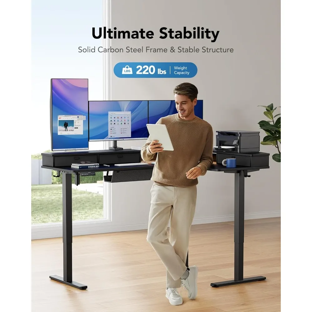 مكتب قائم على شكل حرف L مقاس 65 بوصة مع منافذ طاقة وشريط LED، مكتب كمبيوتر زاوية قابل للتعديل بارتفاع كهربائي،