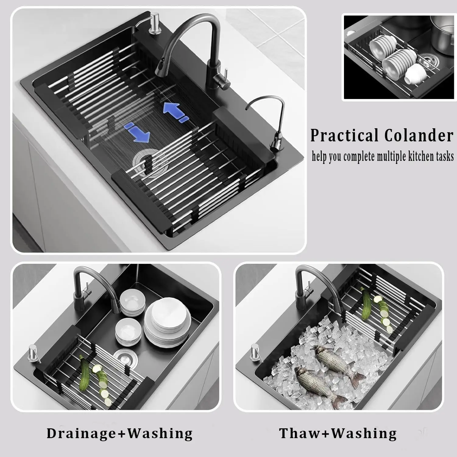 Modern Black Stainless Steel Kitchen Sink 50x45cm Countertop Mount Removable Faucet Soap Dispenser Dish Draker Purified Water