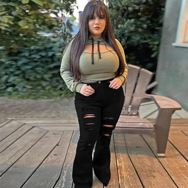 

Casual Loose Women's Jeans High Waist Wide Leg Pants Torn Hole Micro Flared Denim Hoof Pants for Women Bla Color