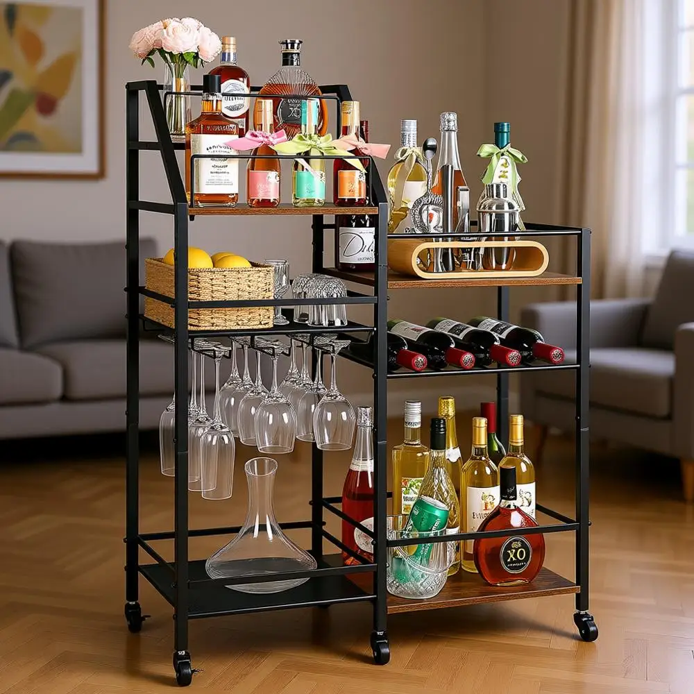 

Portable Wine & Liquor Cart with Glass Rack, Ideal for Home Bar or Dining Area