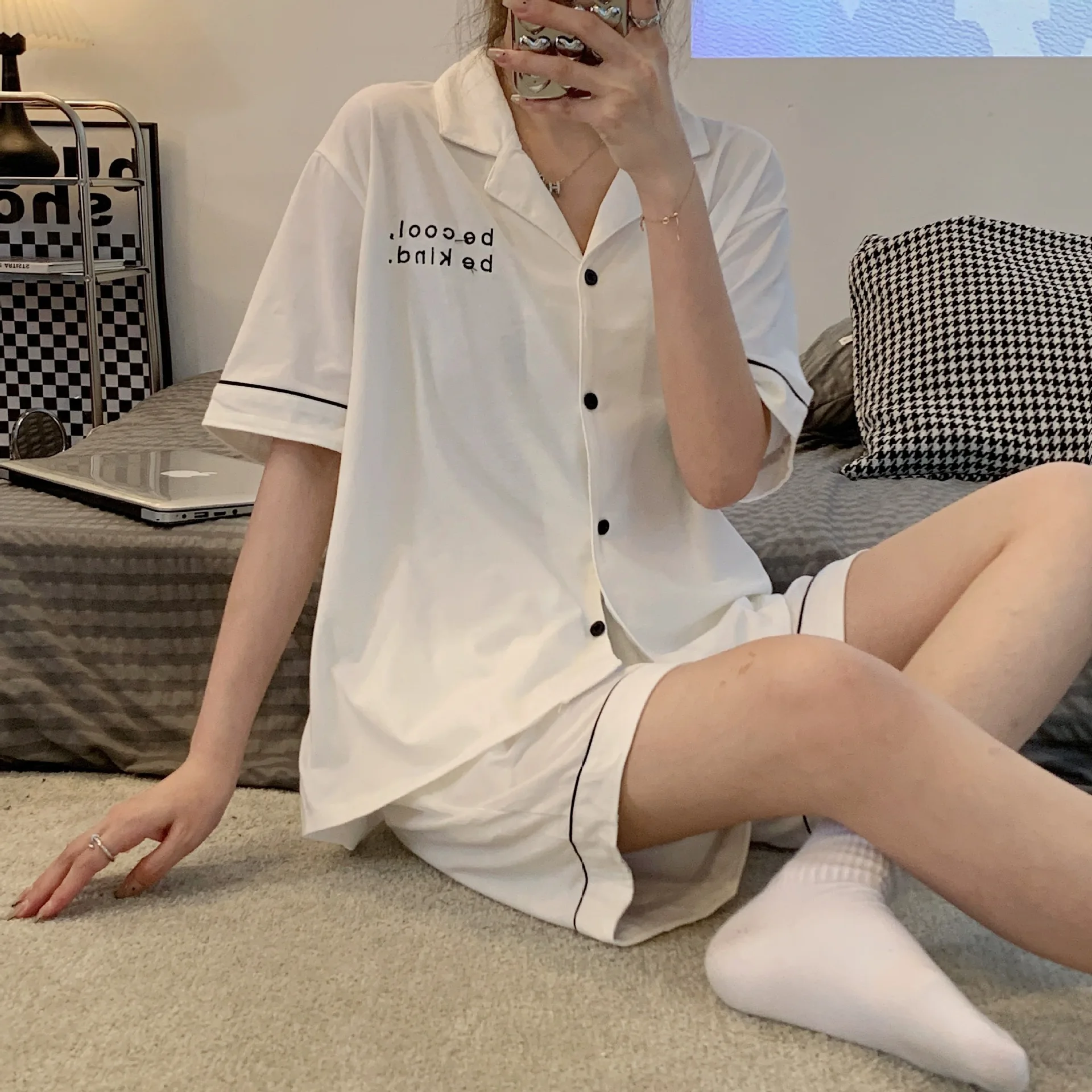 Pajamas women's summer linen cotton short-sleeved shorts two-piece thin section style sexy cotton home service suit for sleepwea