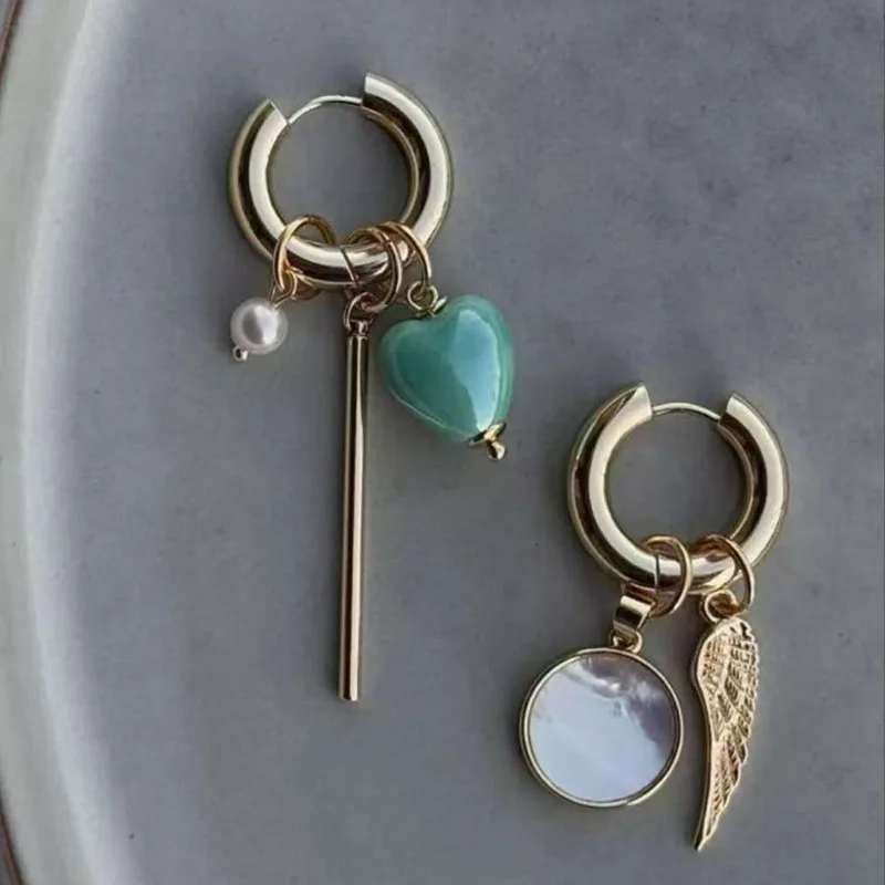 

Vintage Ceramic Geometric Love Heart Pearl Pendant Earrings for Women Long Asymmetrical Angel Wings Earrings Punk Metal Jewelry