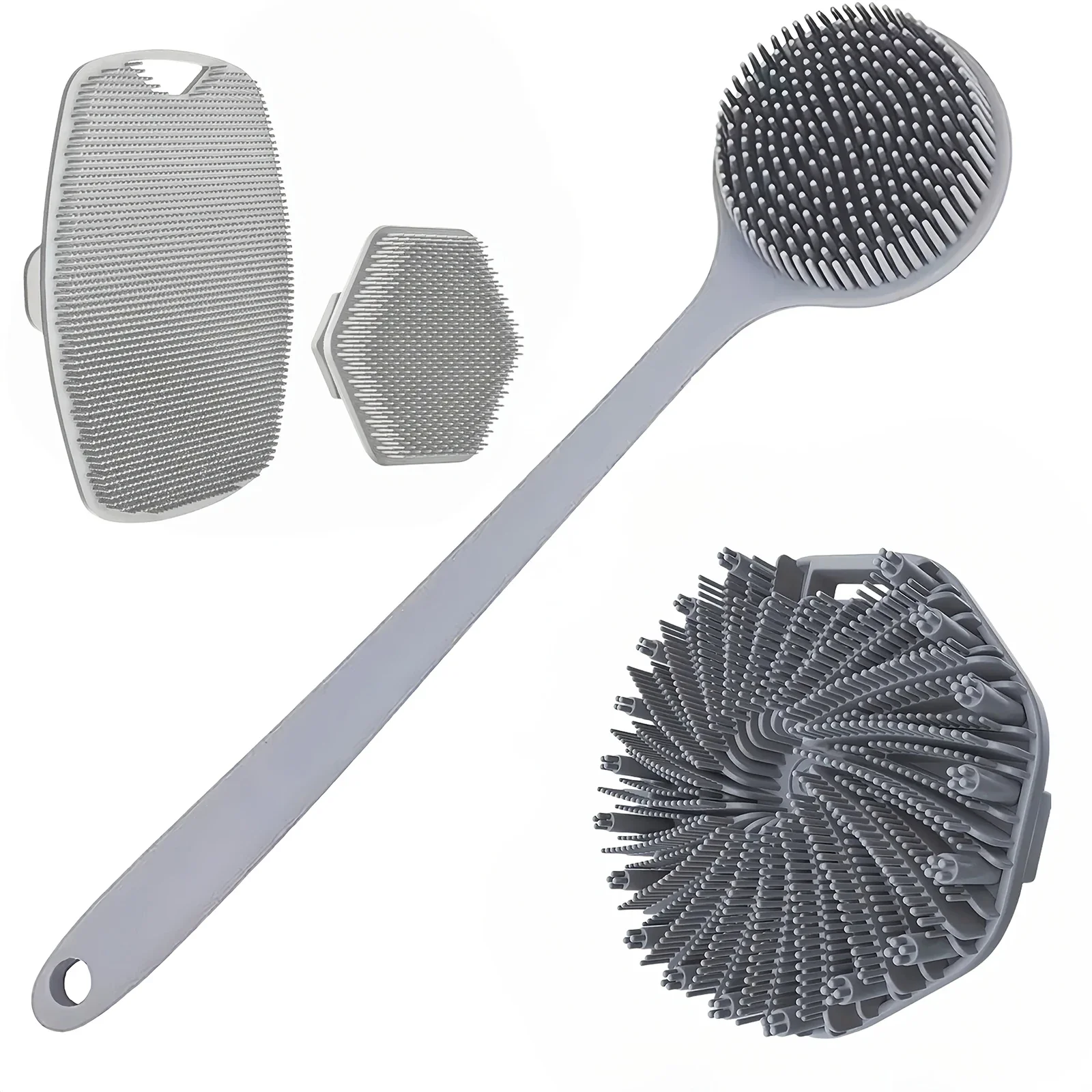 Set spazzole da bagno in silicone grigio da 4 pezzi