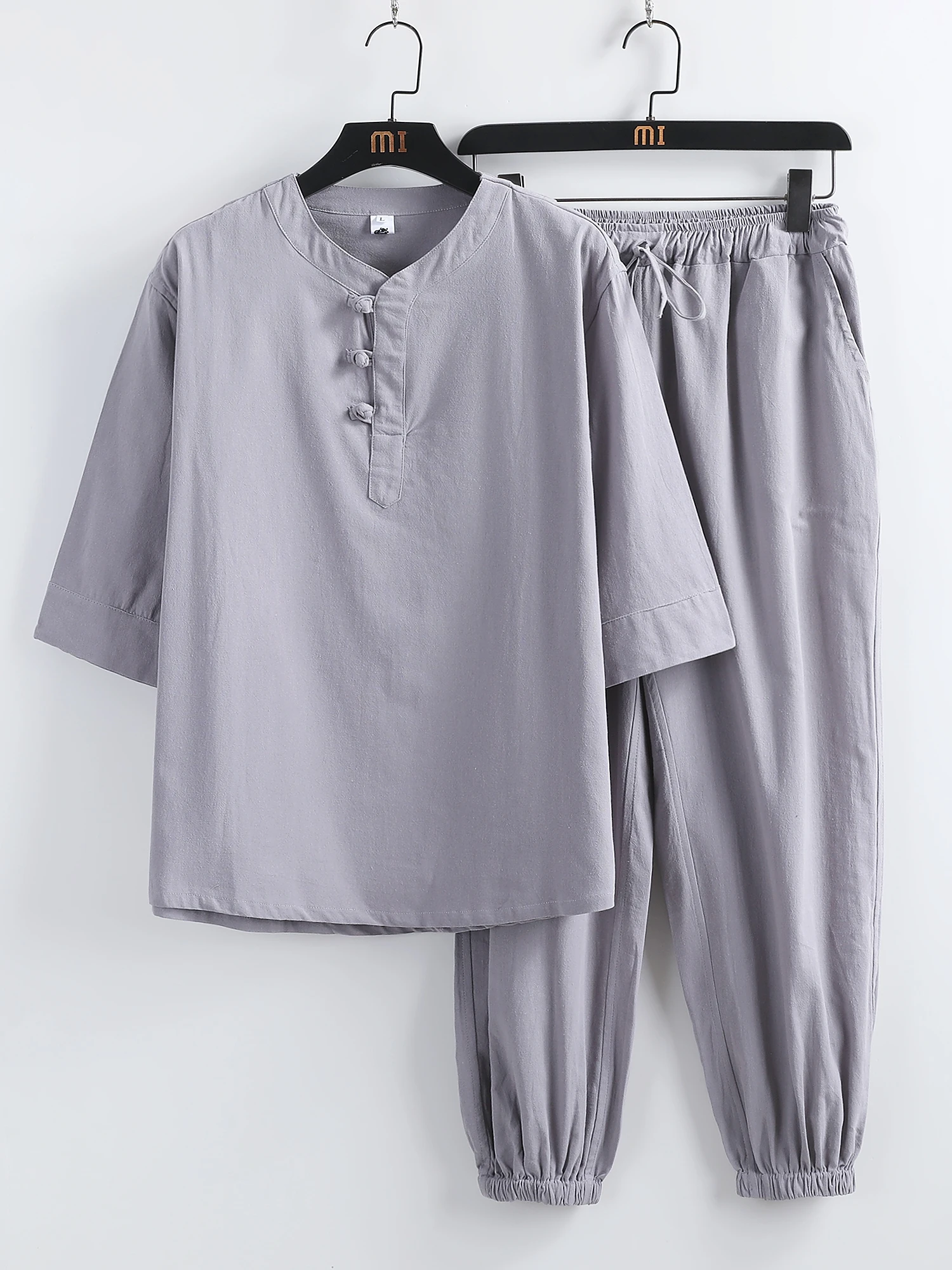 

White Cotton Linen Buddhist Layman's Clothing Set for Meditation Zen Sle Men's Summer Casual Sportswear Long Pants T-irt