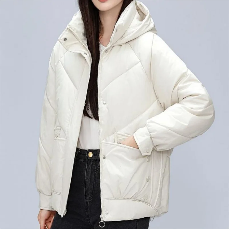 2024 Cotton Jacket For Women Winter Stylish Solid Hooded Stand Collar Loose Thick Warm Down Cotton Padded Jacket