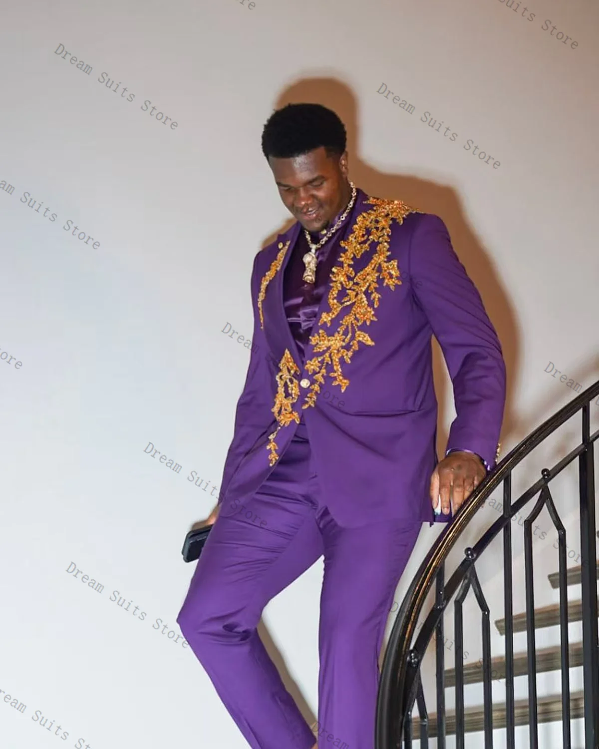 

Purple Crystals Beaded Men Suit Set 2 Pcs Blazer+Pants Trousers Formal Office Coat Autumn Groom Wedding Tuxedo Customized Jacket