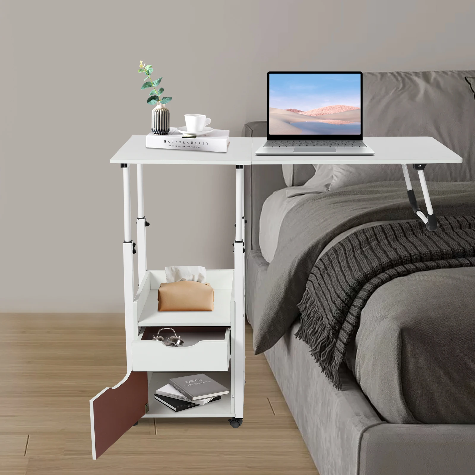 

Height Adjustable Overbed Table with Sturdy Iron Frame, Movable Wheels, Easy Assembly for Convenient Use