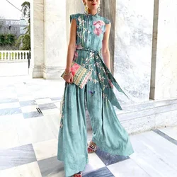 Elegant Slim Sleeveless Summer Loose Party Jumpsuits Fashion Stand Collar Chiffon Button Printed Lace-up Wide-leg Pants Jumpsuit