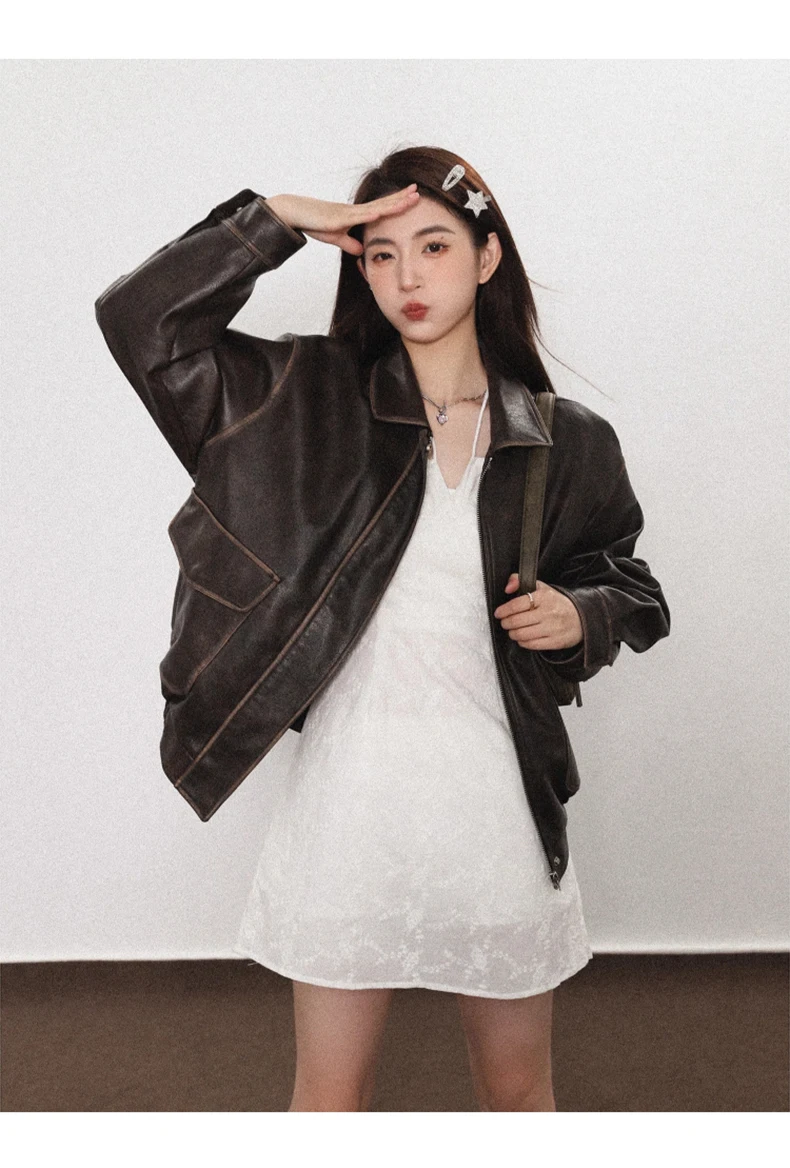 Lautaro Spring Autumn Cool Handsome Soft Vintage Distressed Brown Pu Leather Jacket Women Long Sleeve Luxury Designer Clothing