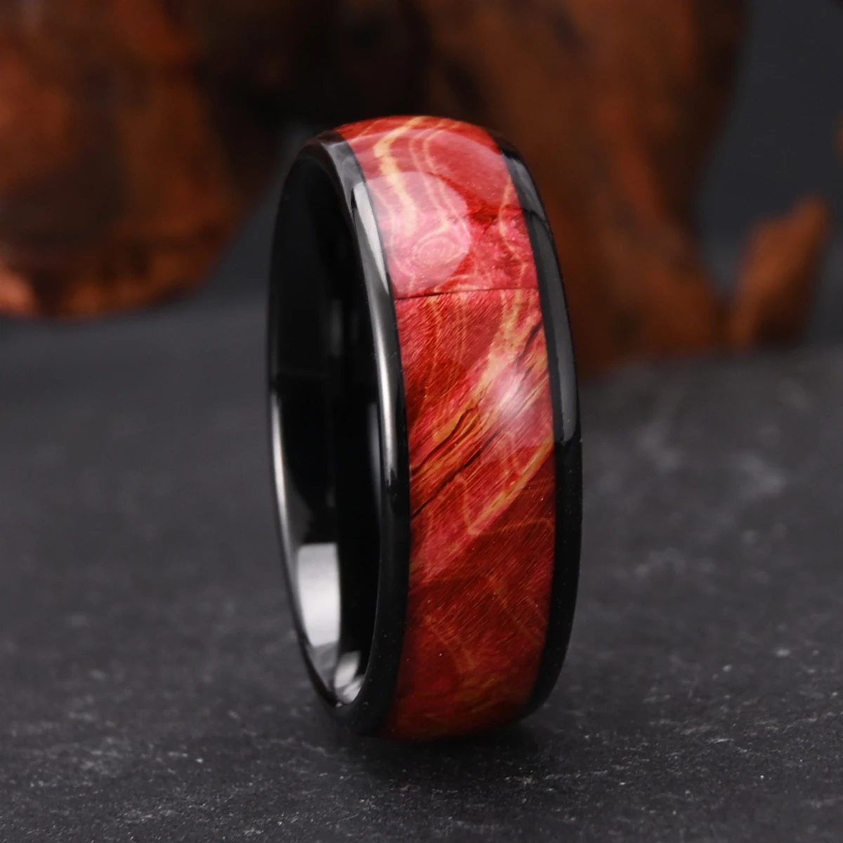 

Men’s Black Dome Tungsten Ring Wedding Band Real Red Burl Wood Inlay Men’s Wedding Band |Tungsten Carbide Wedding Ring |8MM Comf