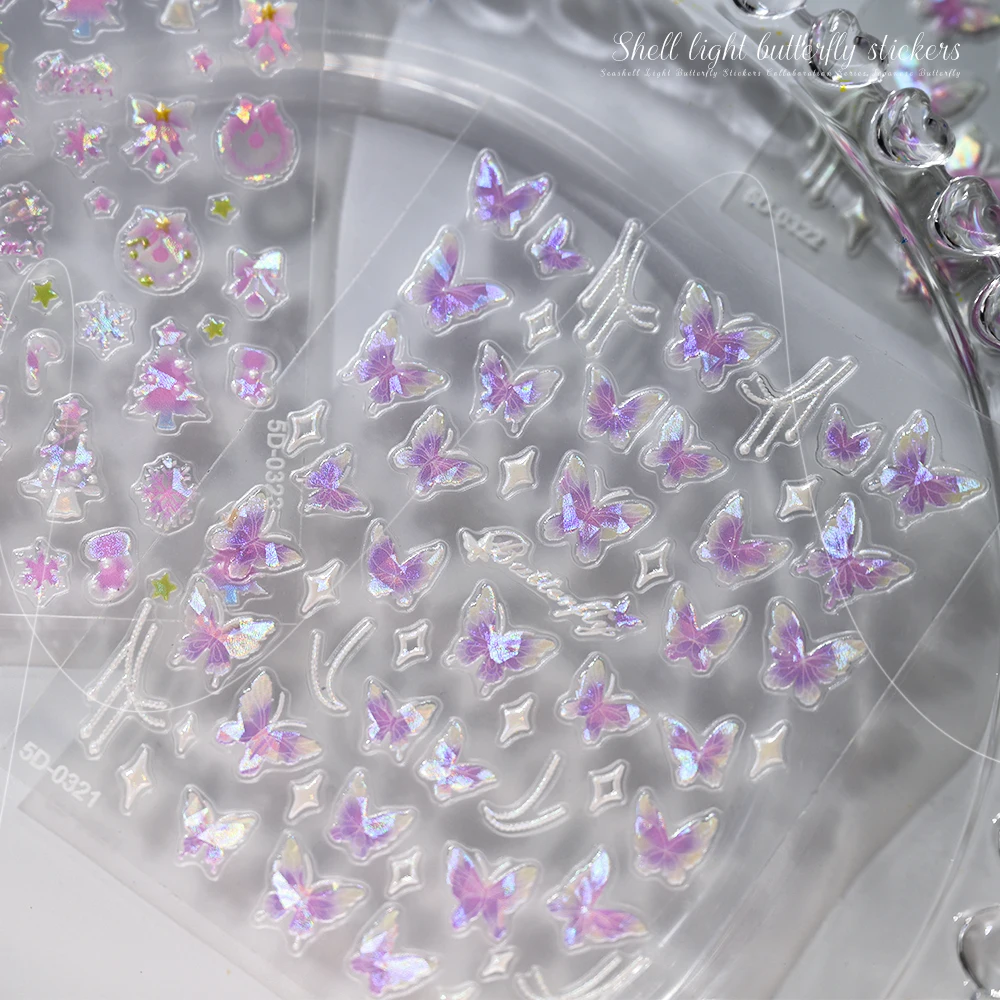 1pc オーロラ蝶ネイルステッカーピンク蝶シェル光線天使の羽スライダー妖精ライト & 活発な半透明ネイル Dec