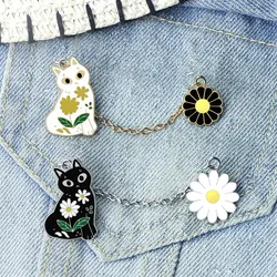 Cat & Daisy Oil Painting Enamel Pins Cute Black White Kitties Animal Brooch Couples Flower Hat Clothe Badge Fashion Jewelry Gift