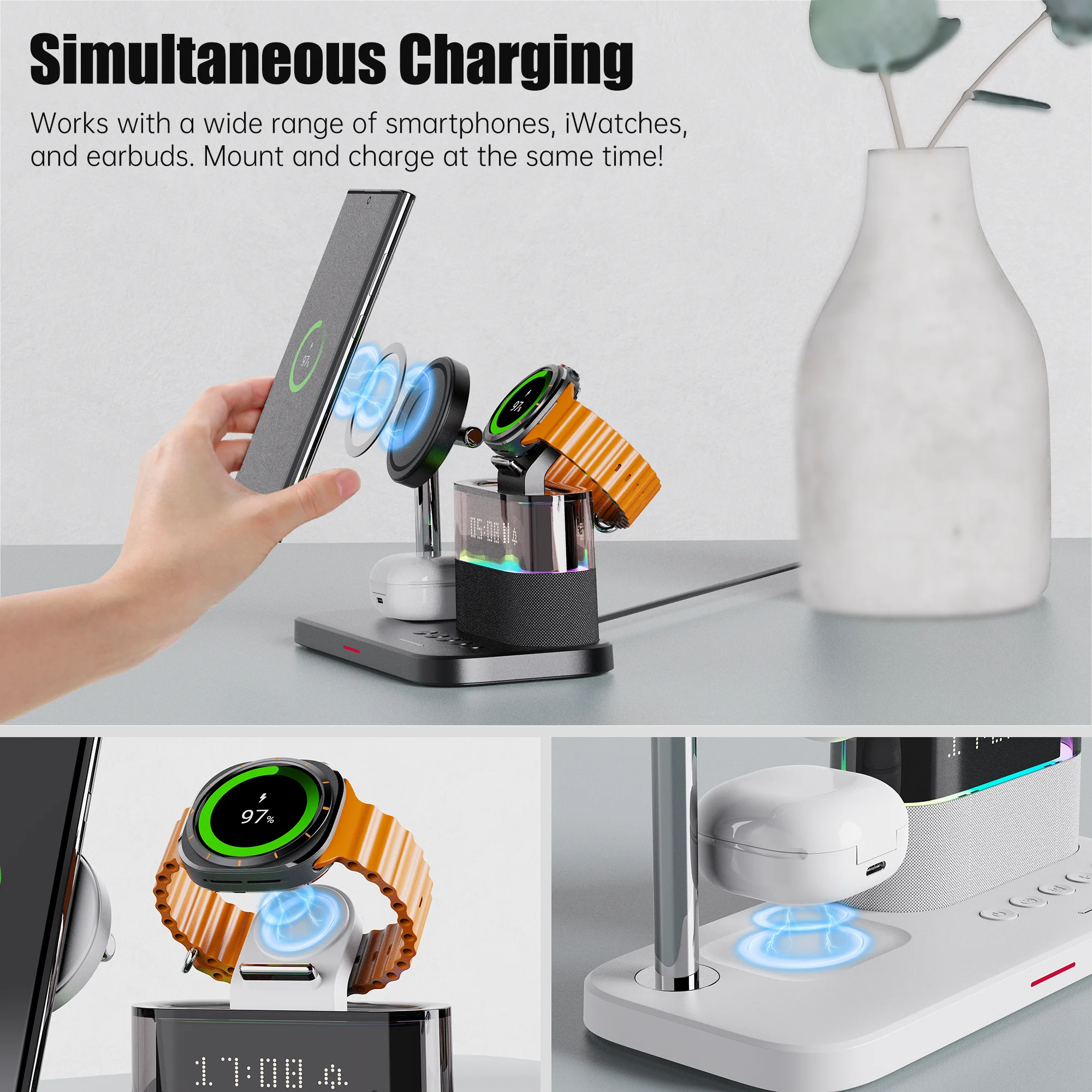 5-In-1 Magnetic Wireless Charging Station QI Certified RGB Light Clock Alarm For Phone Earbuds Samsung Galaxy Watch