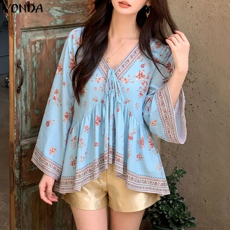 VONDA Casual Vintage Floral Print Tunics Women's Blouse 3/4 Flared Sleeve Tops Lace-Up Summer Holiday Vacation V Neck Blusas