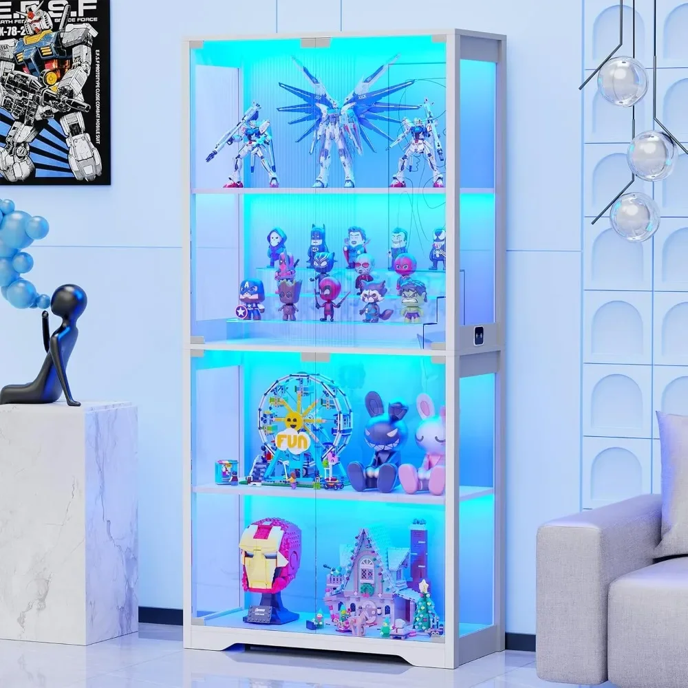 Display Cabinet, 4-Tier Curio Cabinet & Bookcase with 3 Color Light for Collectibles, Toys, Books, Glass Door Storage Cabinet