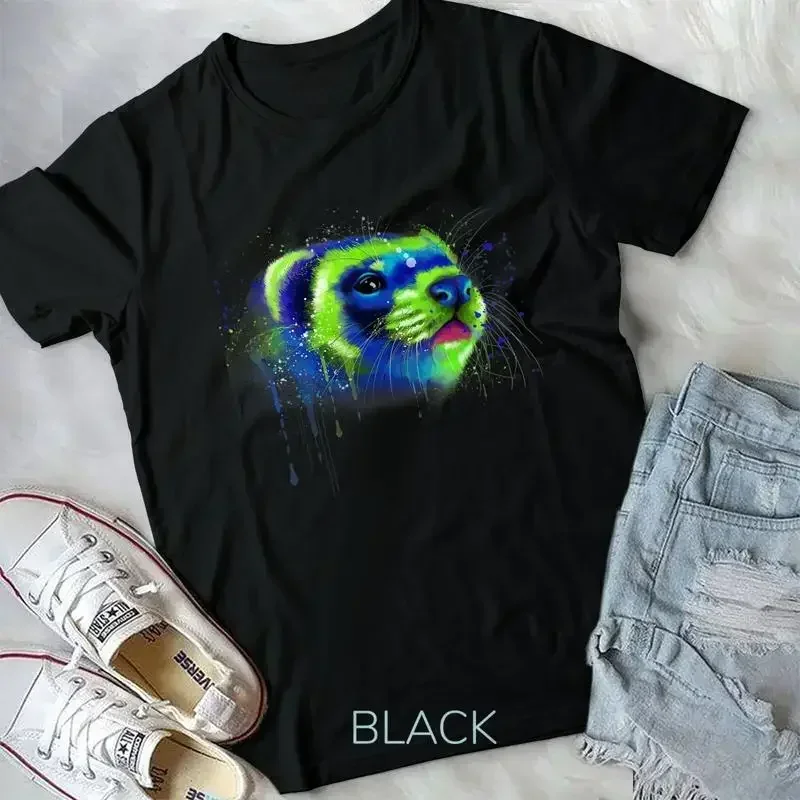 Colorful Ferret Face Graphics Hand Drawn Splash Art Ferret Pet Unisex T shirt