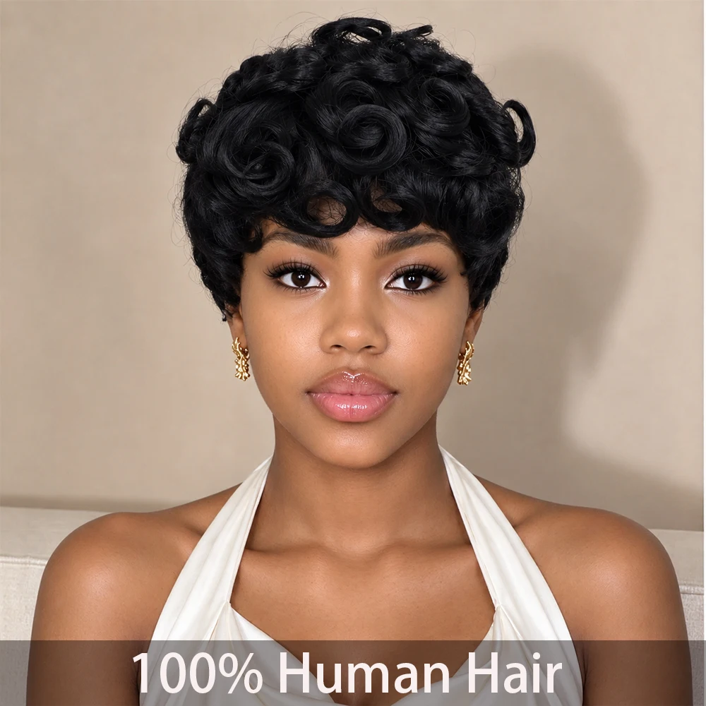Pixie Cut Wig Human Hair  8 Inch 150% Density Short Afro Kinky Curly Wig  Black Wigs Suitable for Women to Wear  Machine Made Wig