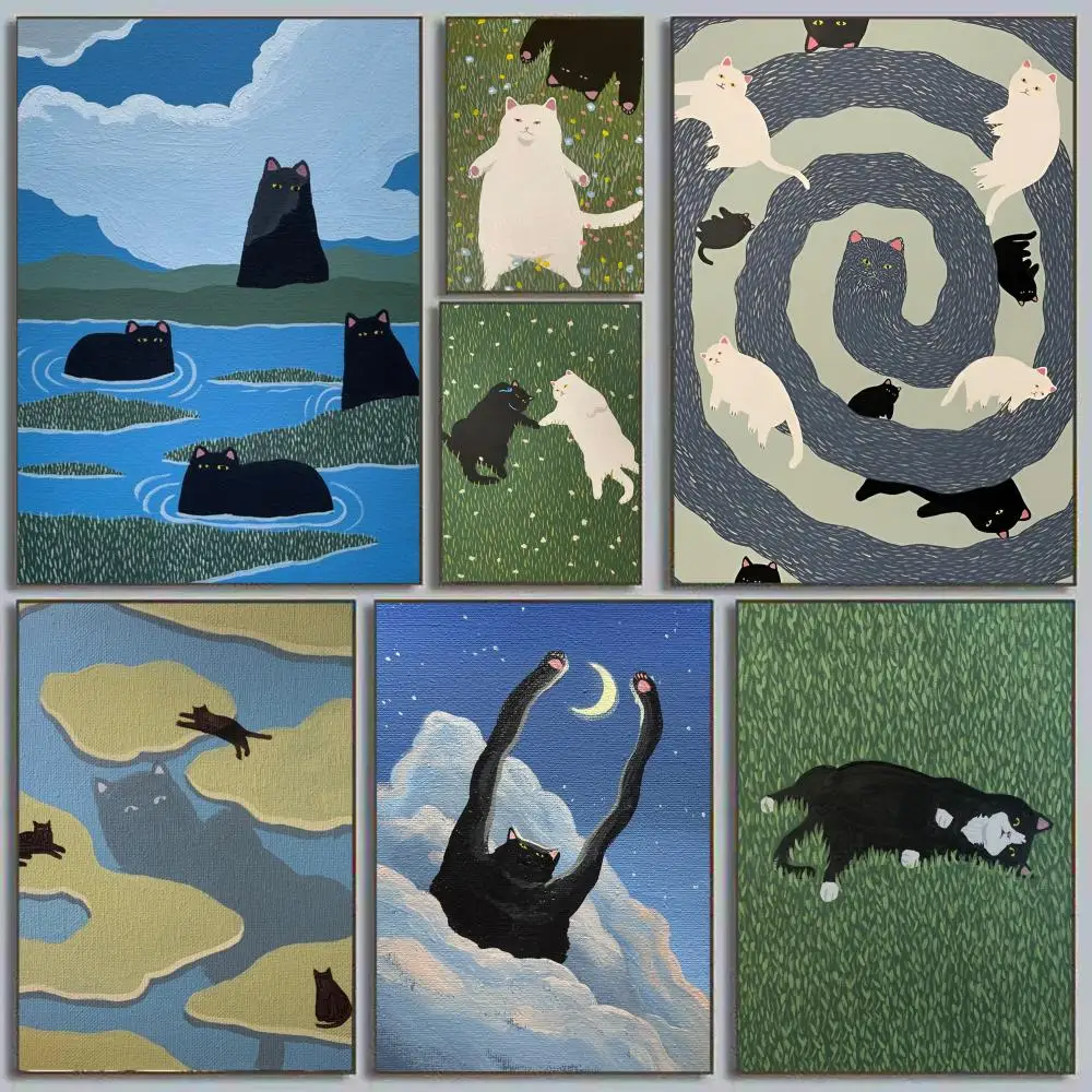 مضحك لطيف عشاق القط اللوحة الخط شخصية الفضاء قماش ملصق جدار جدارية الفن صور لغرفة ديكور المنزل