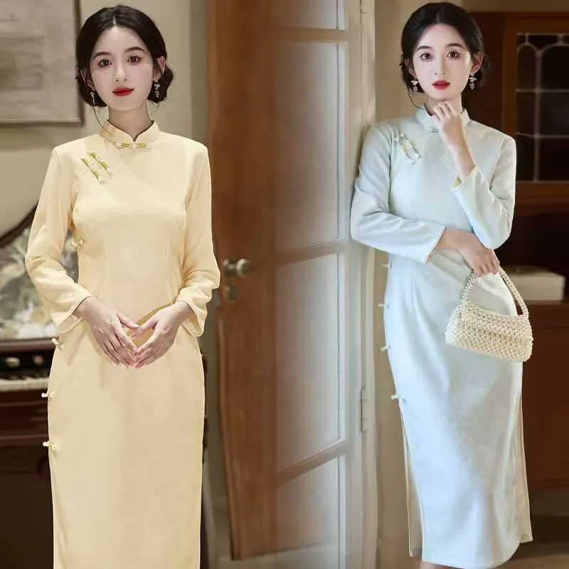 Womens Modified Qipao Spring Autumn Cheongsam Solid Jacquard Long Sleeve Stand Collar Chinese Style Slim Long Dress
