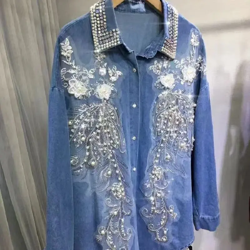 New In 2024 Autumn Sequined Diamonds Flowers Stitch Denim Shirts Woman Mid-length Single Breasted Blouses Ladies Top Blusas