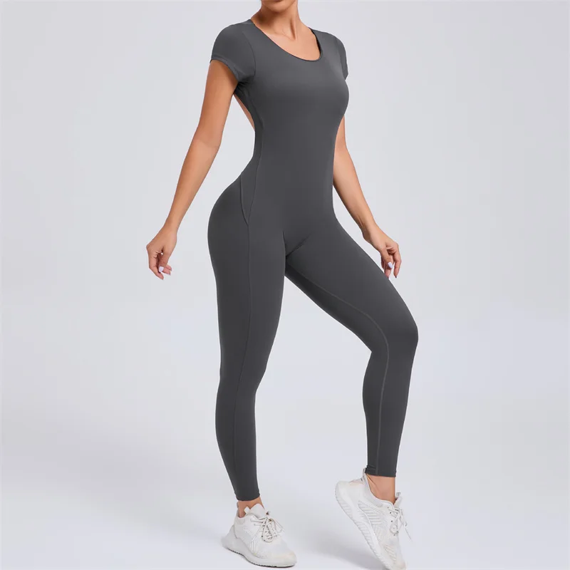 SVEIC Fitness Sports Jumpsuit Yoga Set Women Short Sleeves Backless One Piece Bodysuit Workout butt Lifting Leggings Gym Clothes