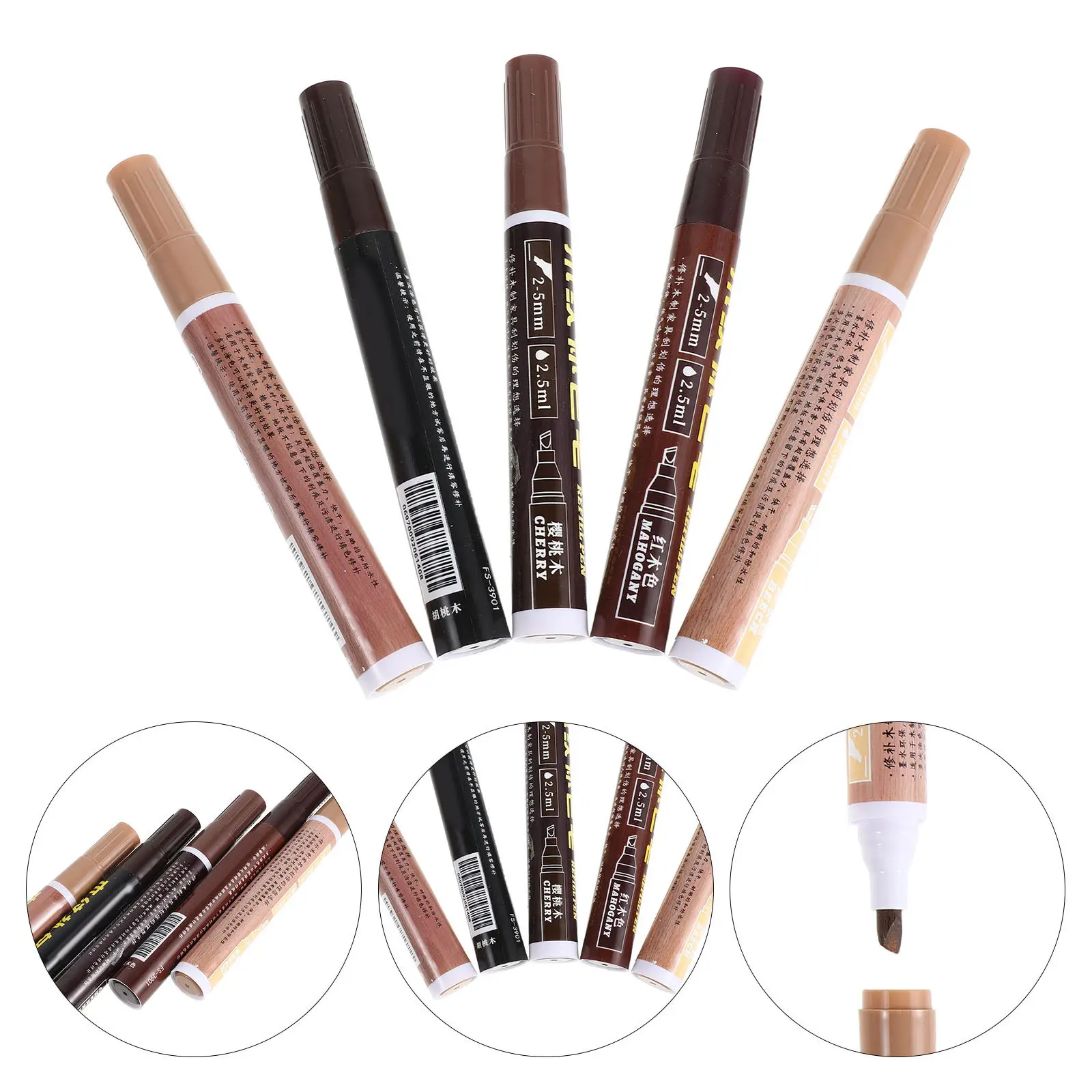 

5Pcs Furniture Touch Up Markers Wood Scratch Repair Kit 5 Colors Quick Repair for Floors Cabinets Tables Doors