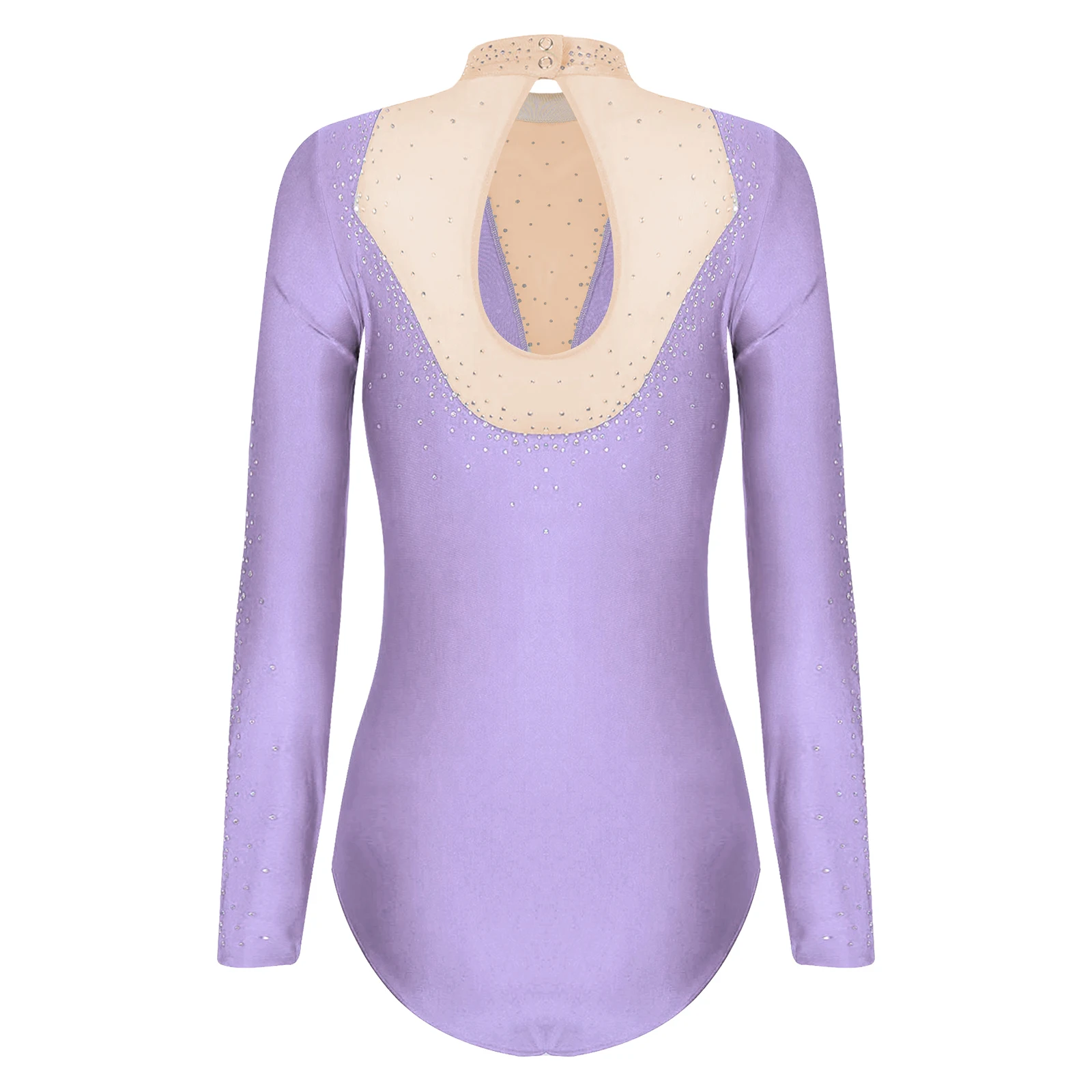 Women Rhinestones Dance Ballet Leotards Mesh Patchwork Long Sleeve Bodysuits for Gymnastics Figure Skating Competition Dancewear