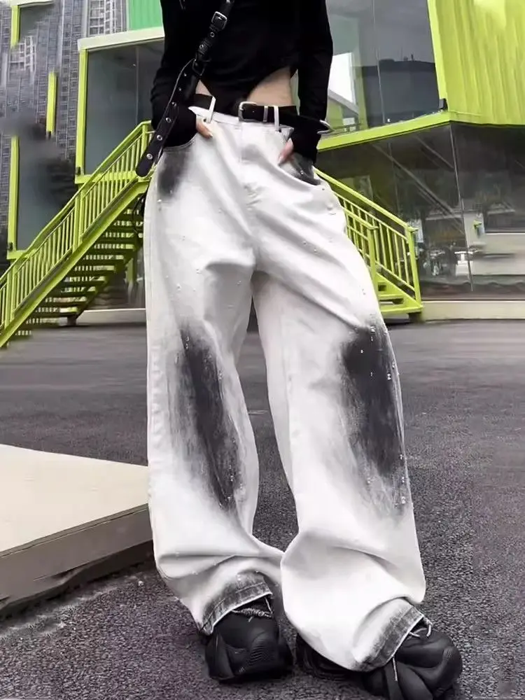 Y2K White Jeans Women Blurred Graffiti American Style Spring Autumn Loose Straight Leg Pants