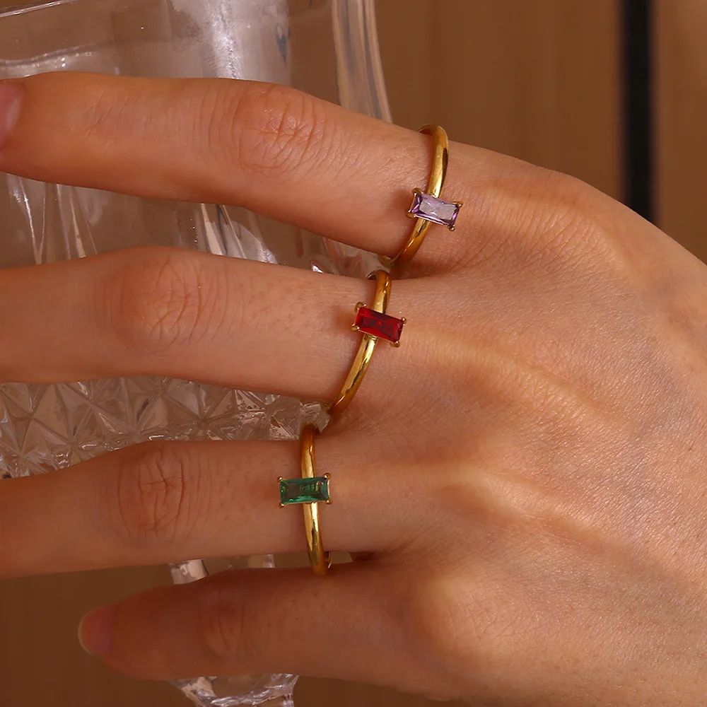 

Chic Geometric Square Stone Rings For Women Fashion Birthston Birthday Party Gold Color Opening Ring Jewelry Elegant Her Gift