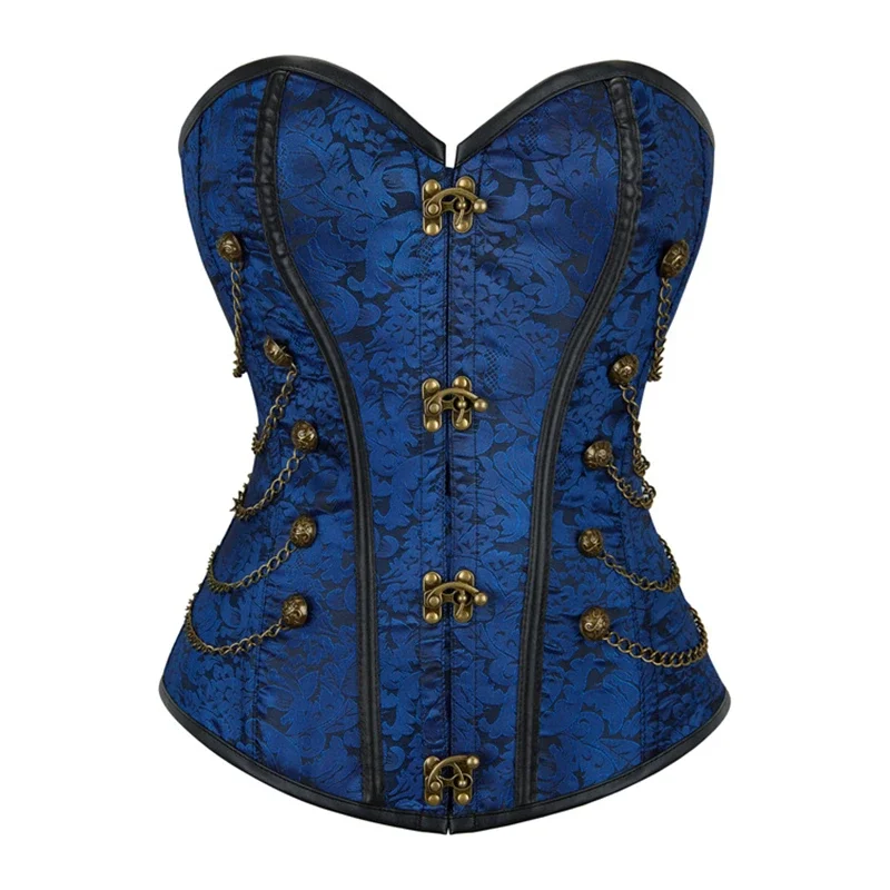 Steampunk Corset Top Women Blue Gothic Overbust Bustier Plus Size Vintage Pirate Costume Corselet Lace Up Outerwear