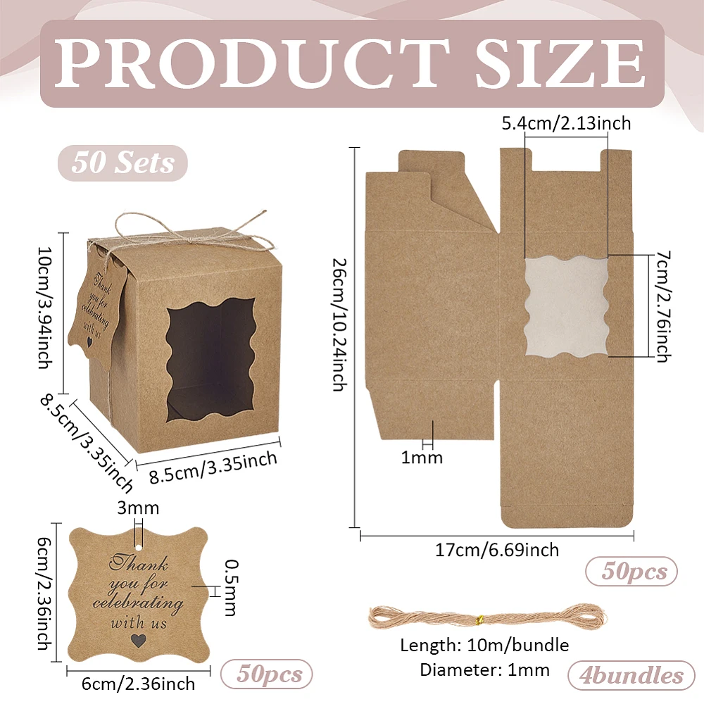 50pcs Candle Gift Boxes Paper Gift Boxes 3.35x3.35x3.94inch Small Packaging Box with Visible Window Tags and Ropes for 10oz