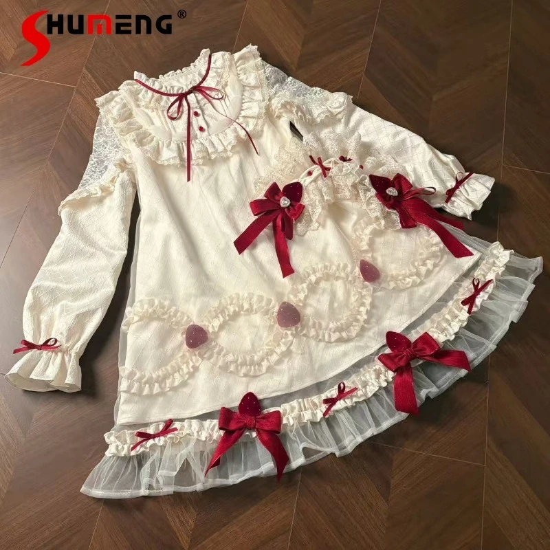 

Strawberry Cream Cake Light Lolita Doll Dress Ancient Style Doll Feel OP Long Sleeves Dresses Y2k Clothes Kawaii Vestidos Mujer