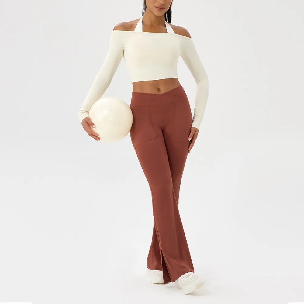 Women Sexy Off Shoulder Yoga Top Long Sleeve Gym Running Top Solid Quick-Dry Sport Workout Shirt image 6