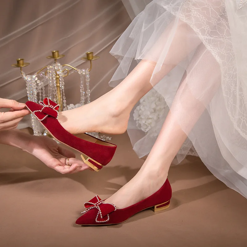 

High Quality Women's Pumps and Heels Fashion Butterfly Pointed Tip Rhinestone Women Shoes Red Pearl Wedding High Heels for Women